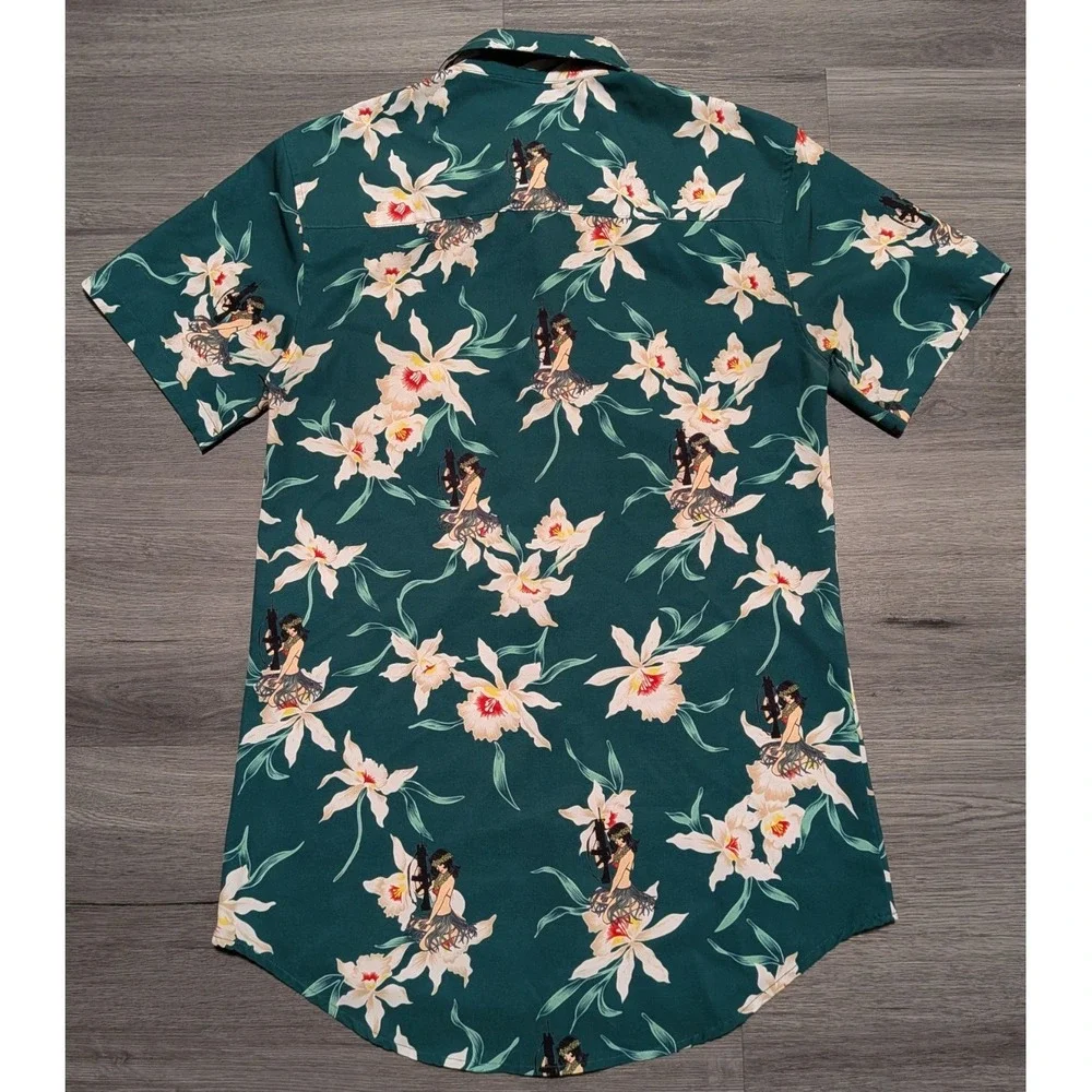 Savage Tacticians Men's Green Hula Girls Guns Floral Hawaiian Shirt‎ Size Small